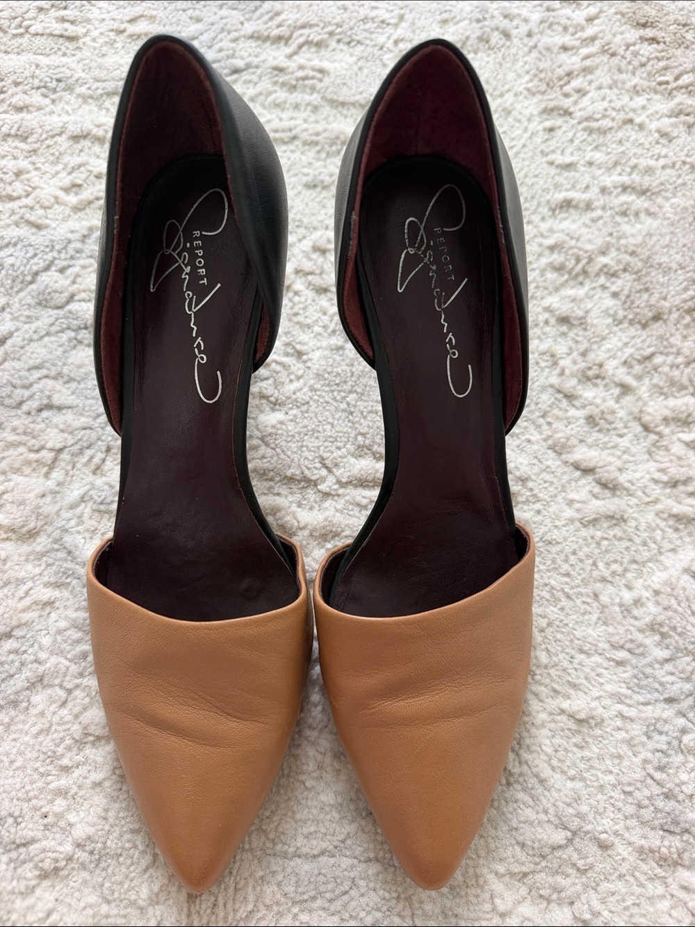 Report Signature Two-Tone Tan and Black Pointed Heels
